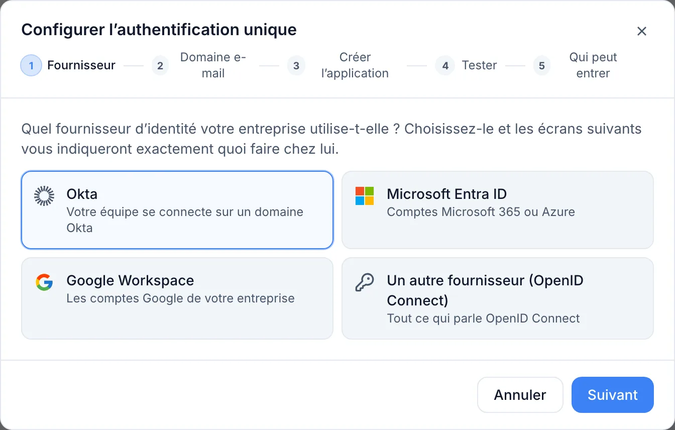 Connecter votre propre fournisseur d’identité (Okta, Entra ID, Google Workspace)