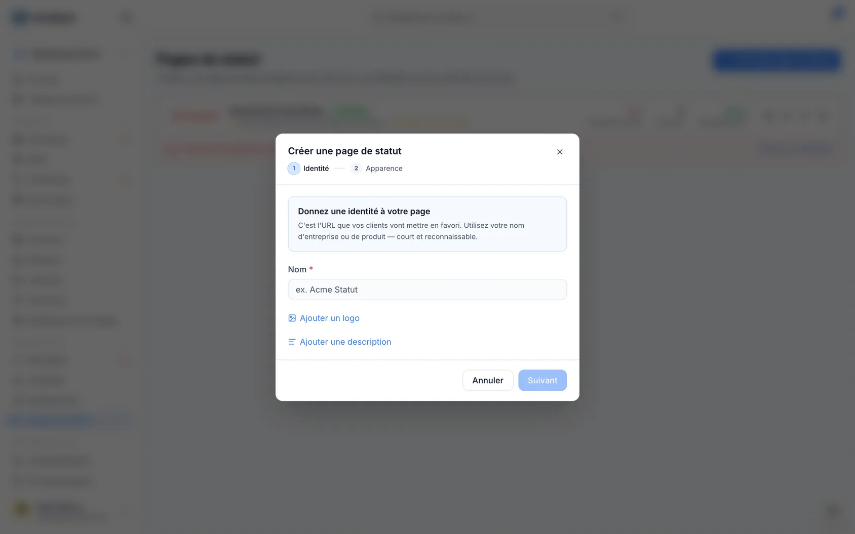 Créer une page de statut