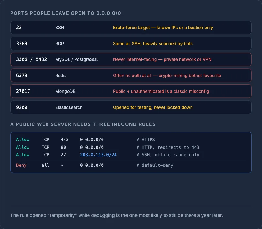 Table of commonly-exposed ports (SSH, RDP, MySQL, Redis, MongoDB, Elasticsearch) plus three inbound firewall rules for a web 