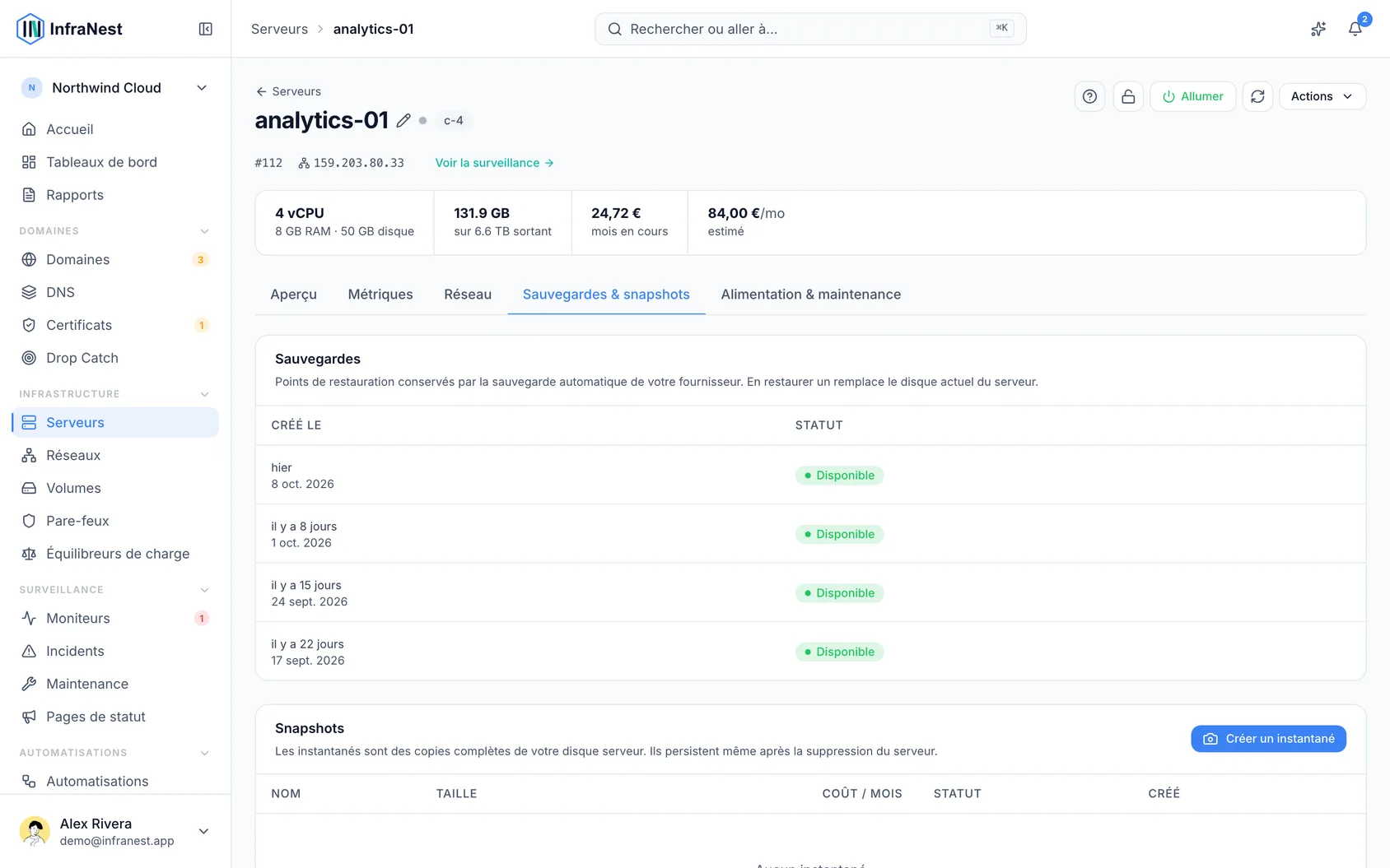 Sauvegardes et instantanés de serveur