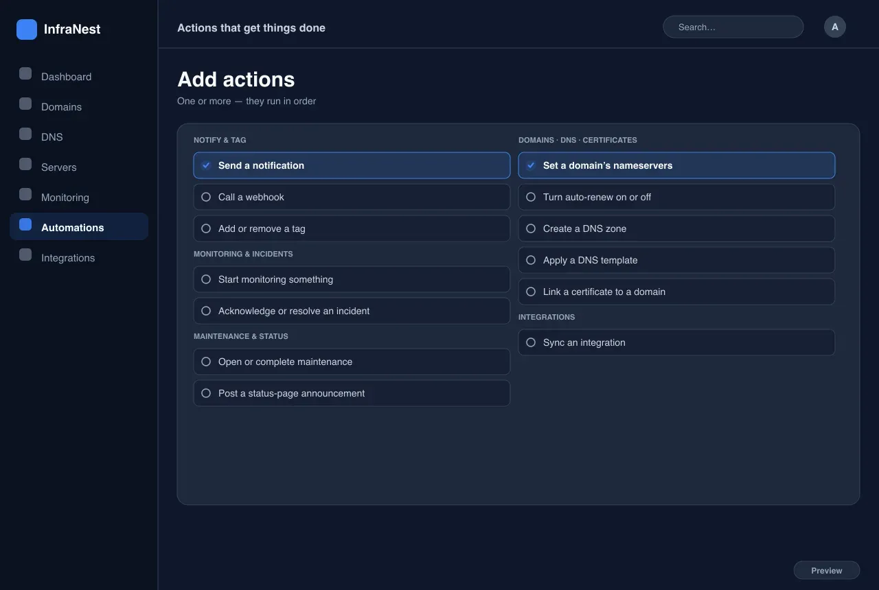 Des actions qui font avancer les choses — Automatisations in InfraNest