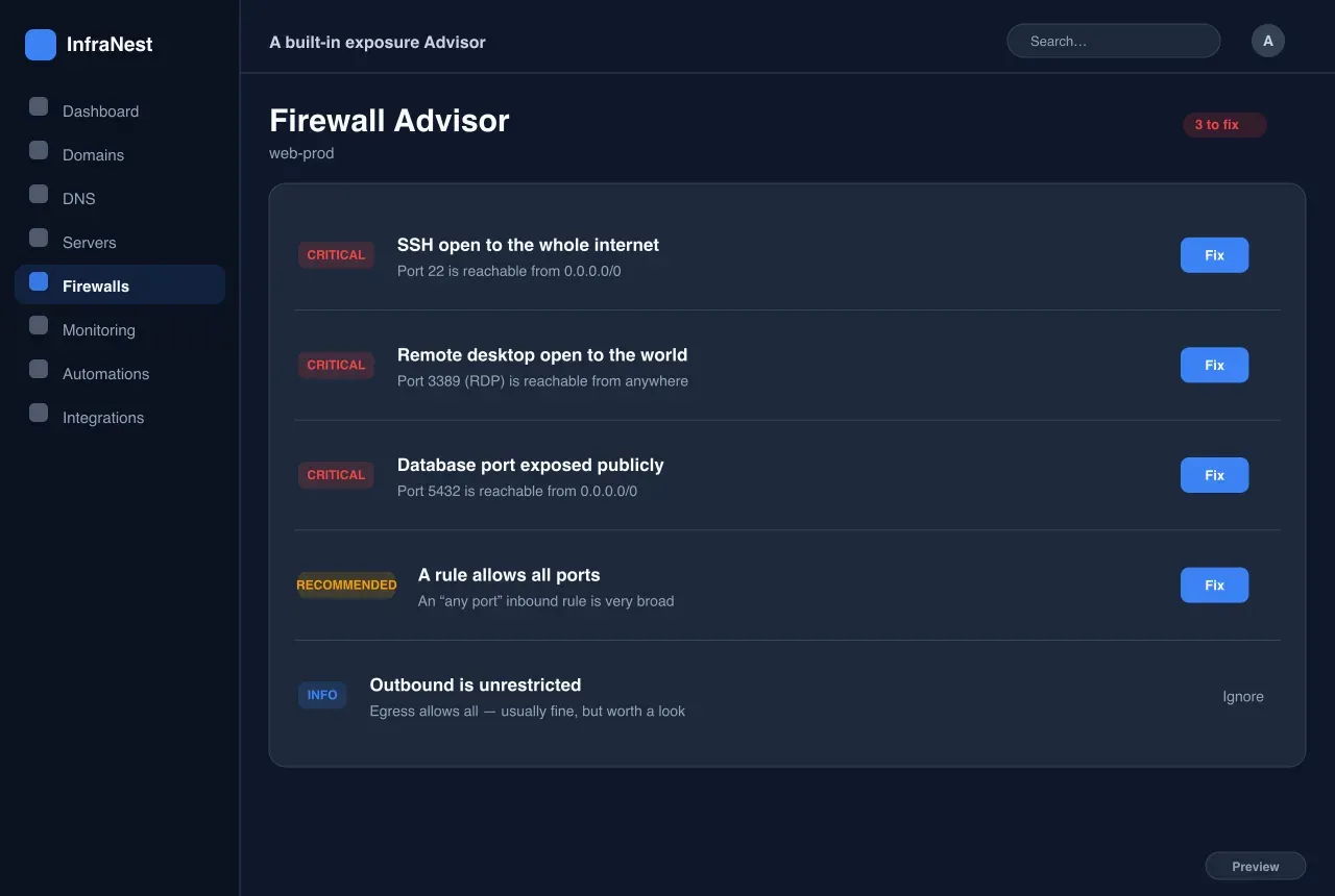 Ein eingebauter Freigabe-Advisor — Firewalls in InfraNest