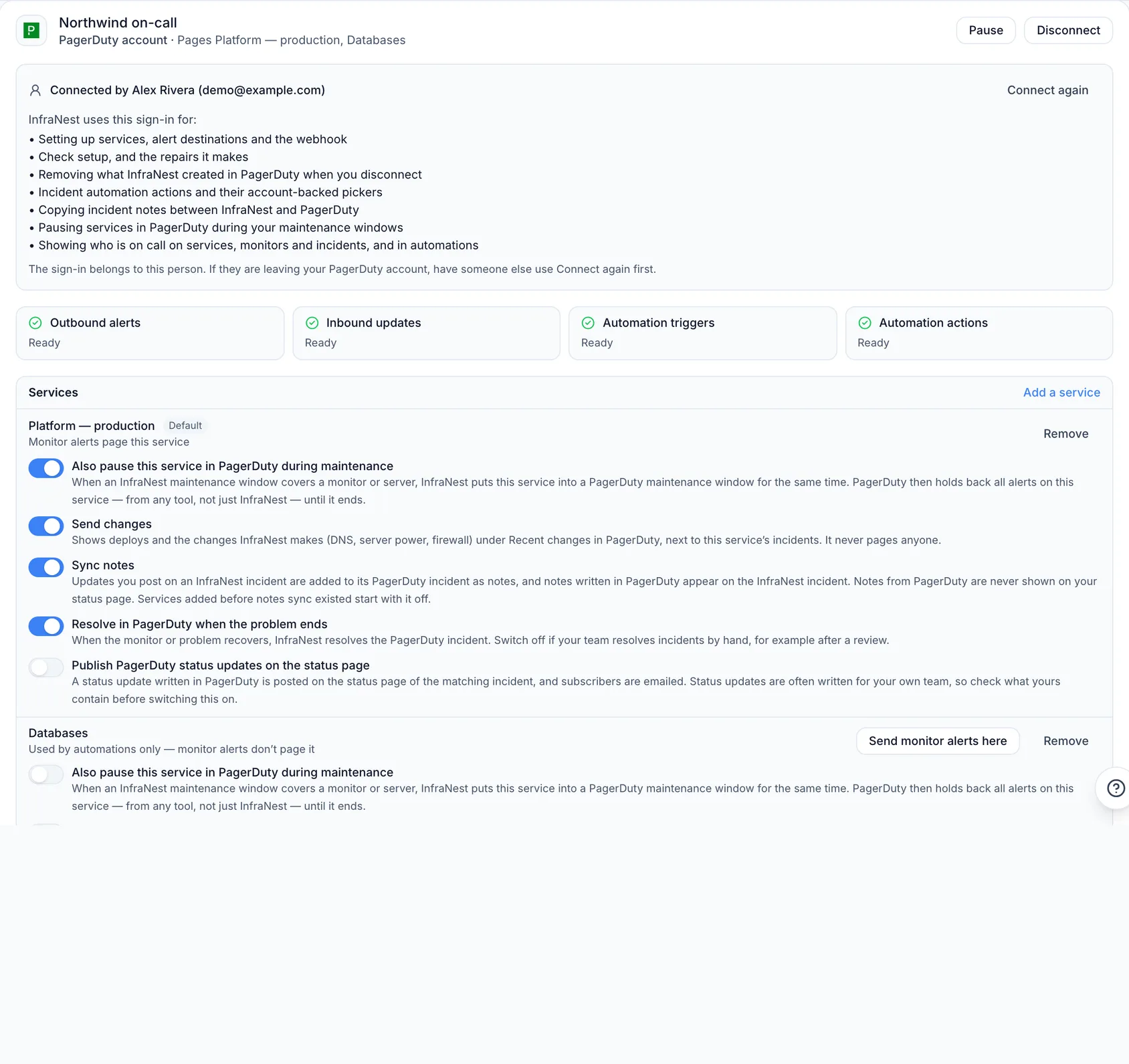 Work on incidents in PagerDuty and InfraNest together