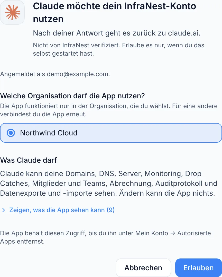 Eine App mit „Connect with InfraNest“ verbinden