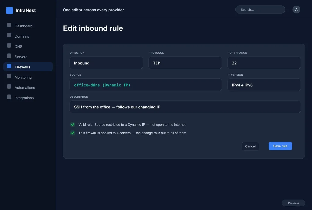 Ein Editor über jeden Anbieter — Firewalls in InfraNest