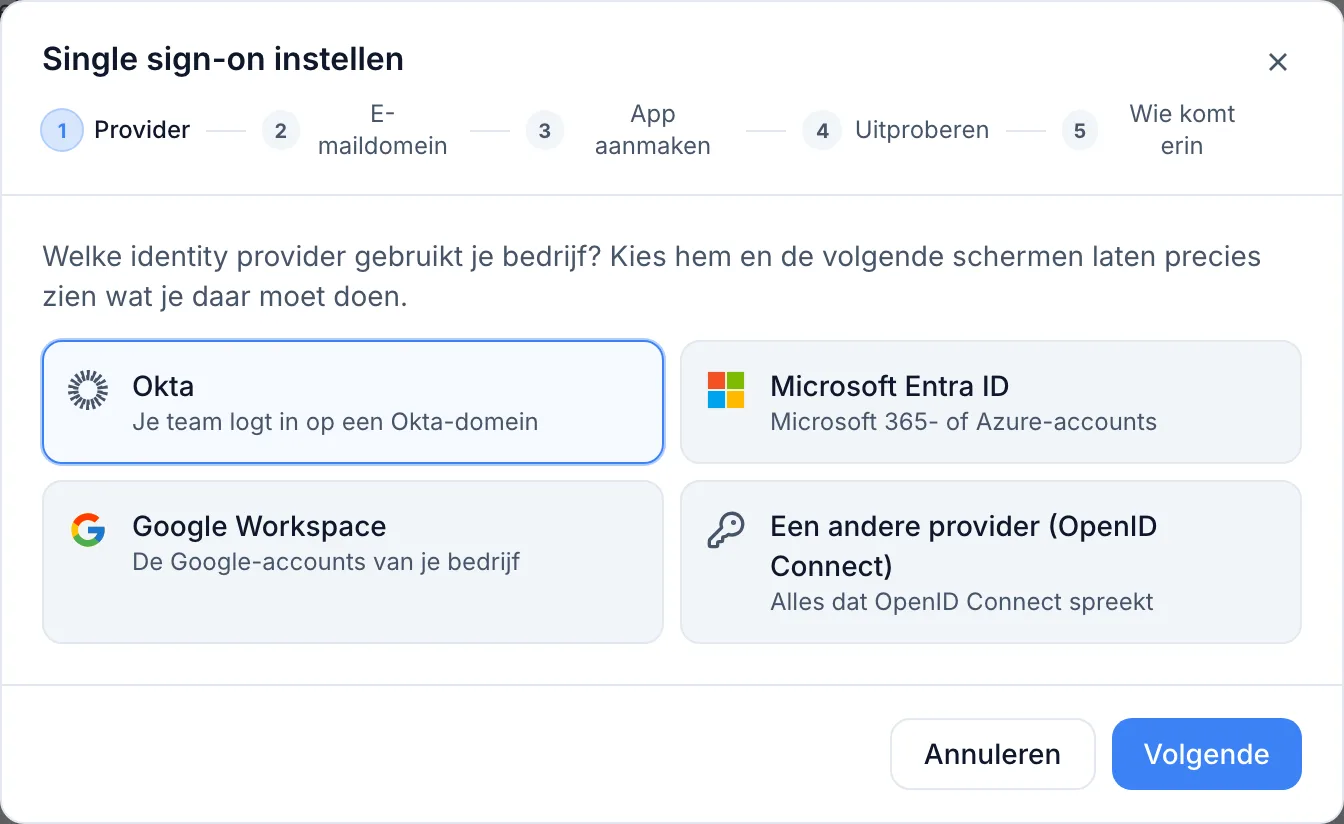 Je eigen identiteitsprovider koppelen (Okta, Entra ID, Google Workspace)