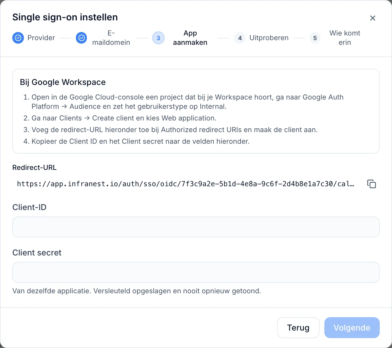 Inloggen bij InfraNest met Google Workspace