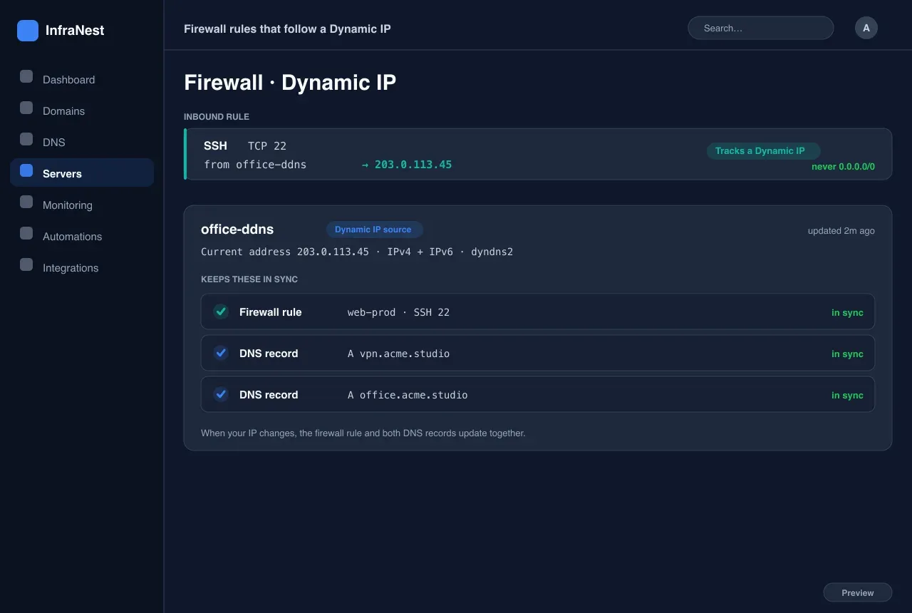 Firewallregels die een dynamisch IP volgen — Servers & Cloud in InfraNest