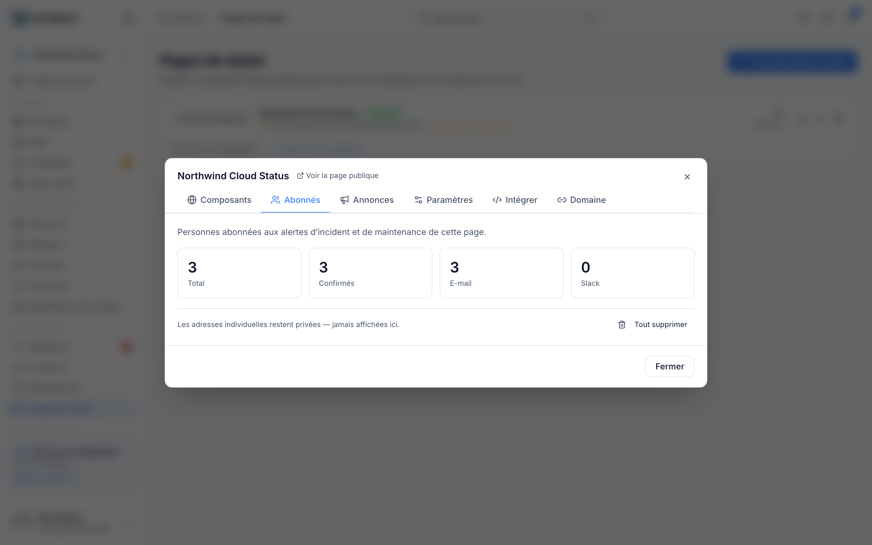 Abonnés et annonces de la page de statut