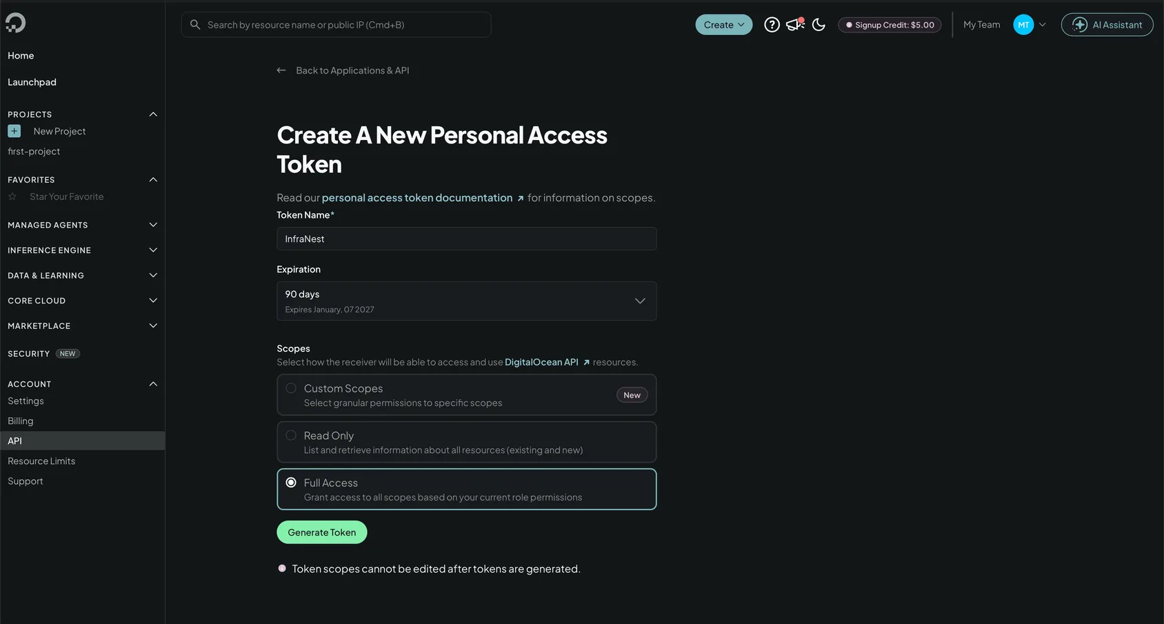 Create a DigitalOcean API token