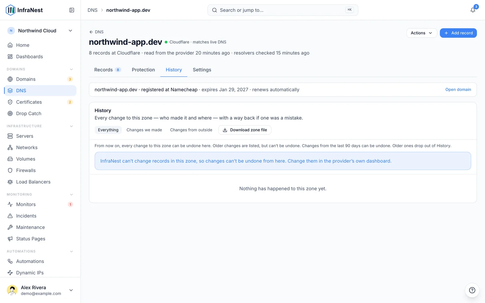 Undo a DNS change, or put a zone back