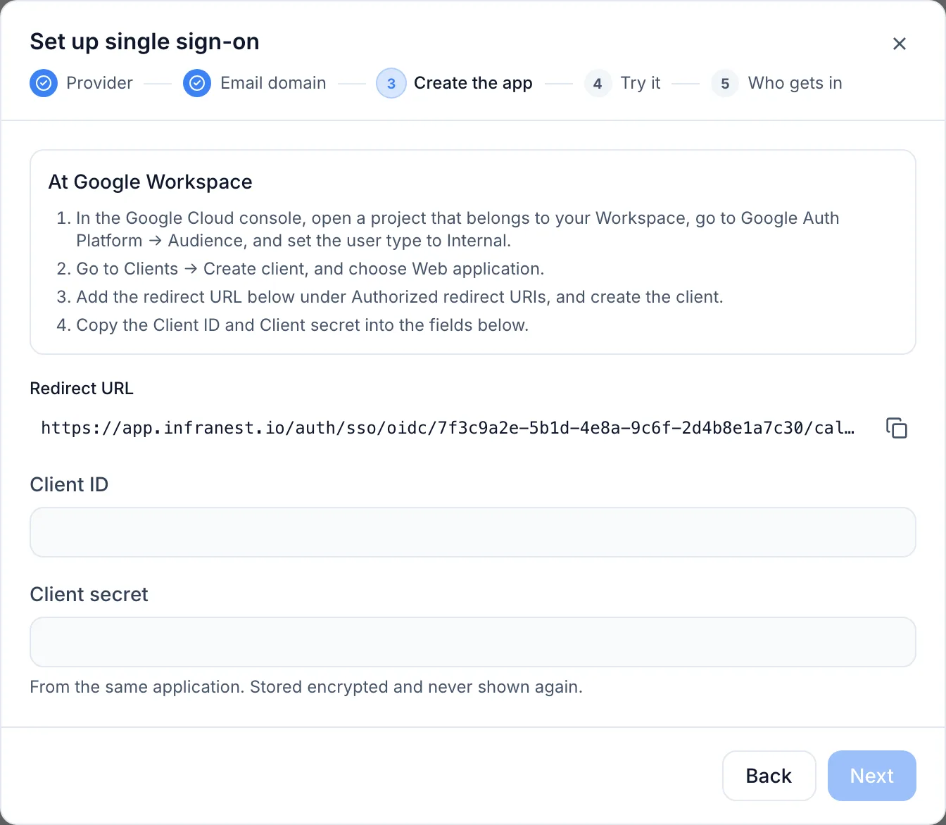 Sign in to InfraNest with Google Workspace