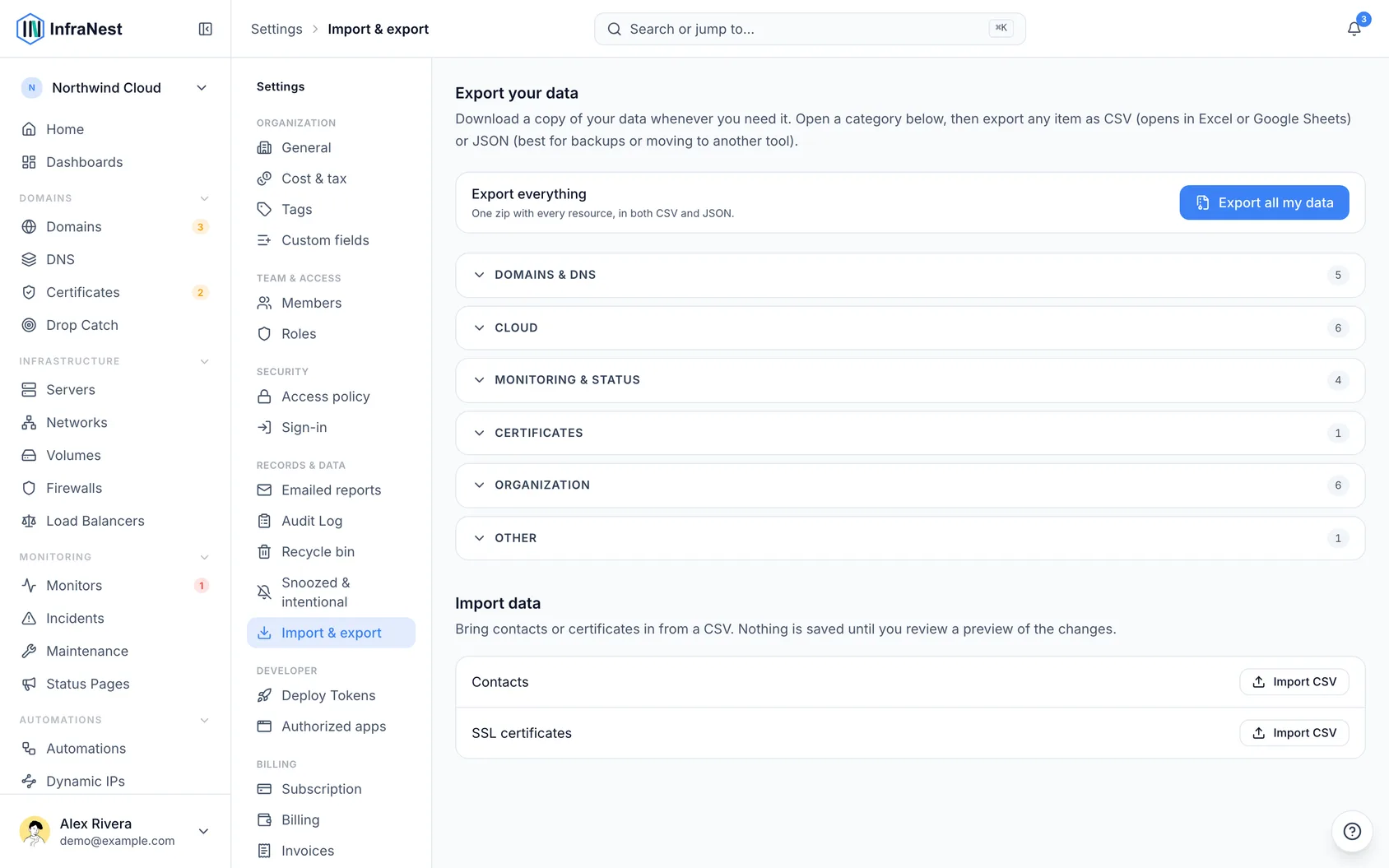 Export and import your data