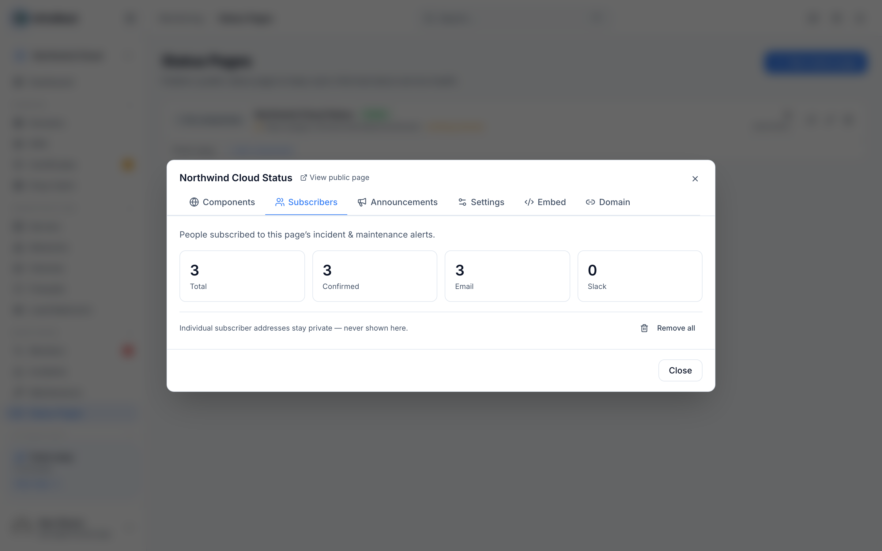 Status page subscribers and announcements