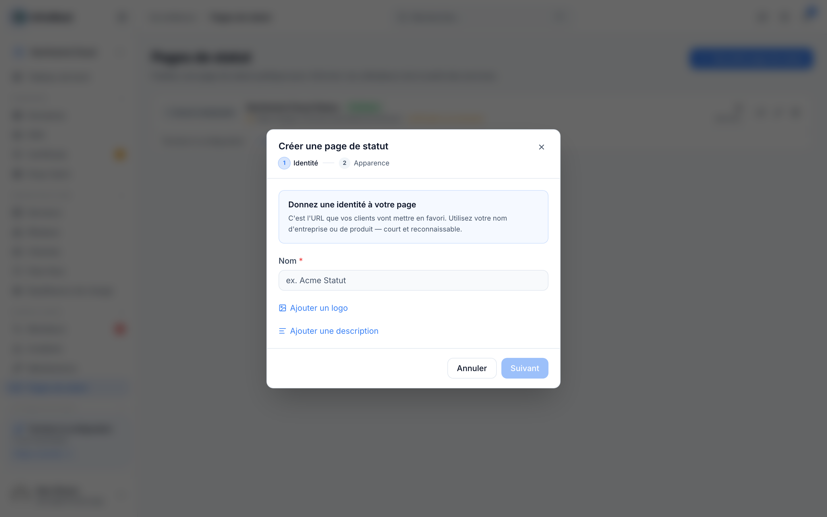 Créer une page de statut