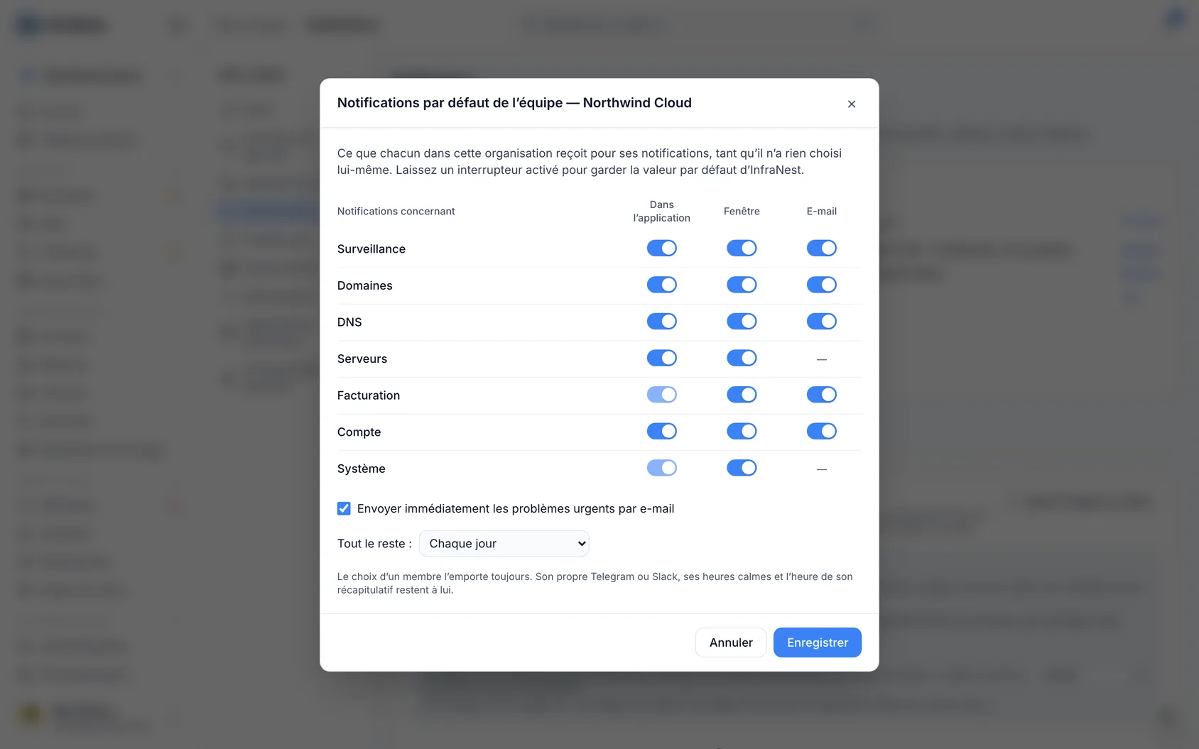 Paramètres par défaut des notifications d'équipe