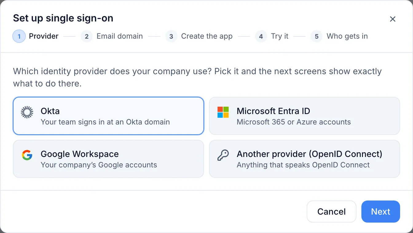 Connect your own identity provider (Okta, Entra ID, Google Workspace)