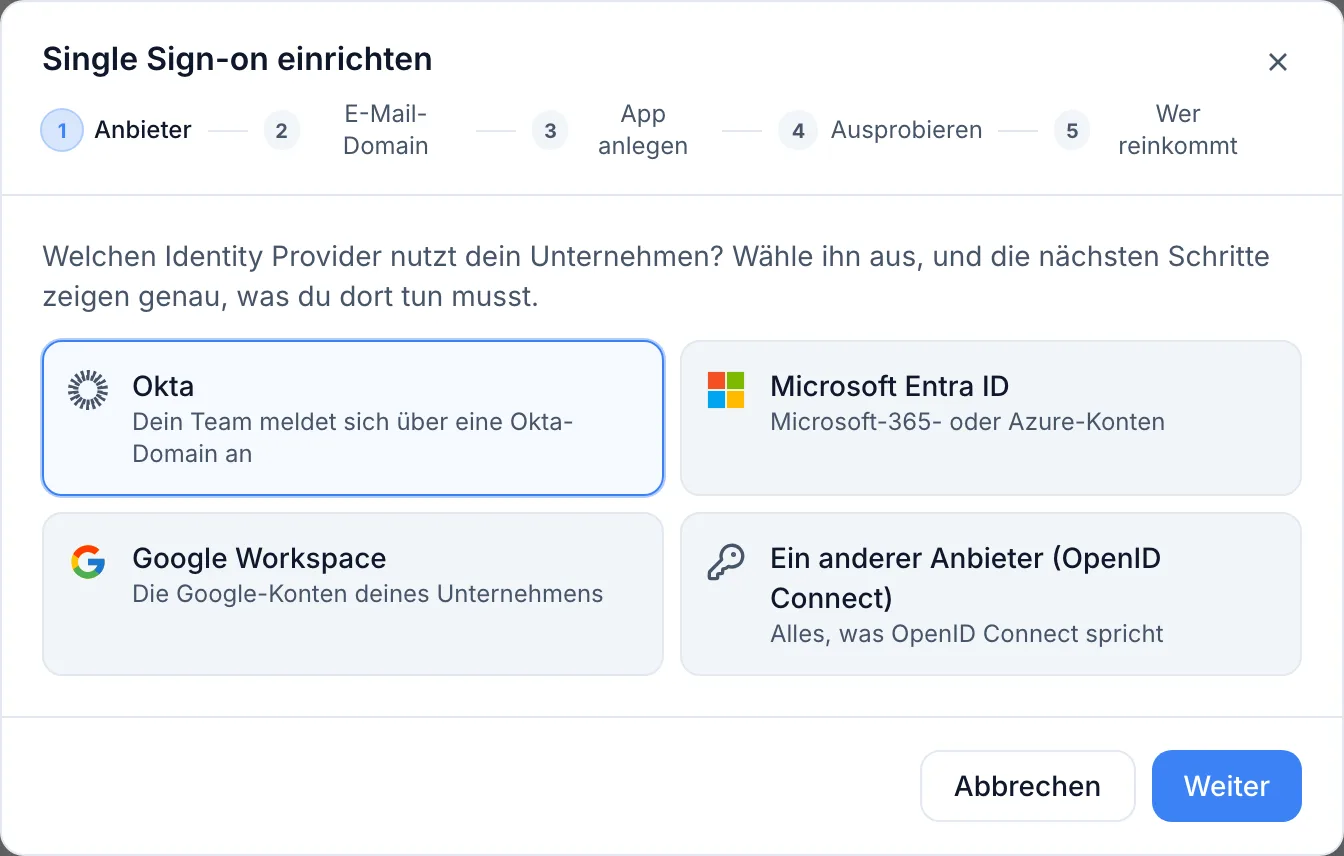 Eigenen Identitätsanbieter verbinden (Okta, Entra ID, Google Workspace)